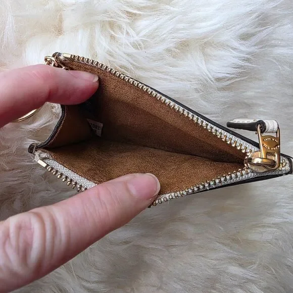 Coach Card Wallet with Logo, Zipper & Key Ring Tan Signature Jacquard Card Slot - Picture 3 of 12